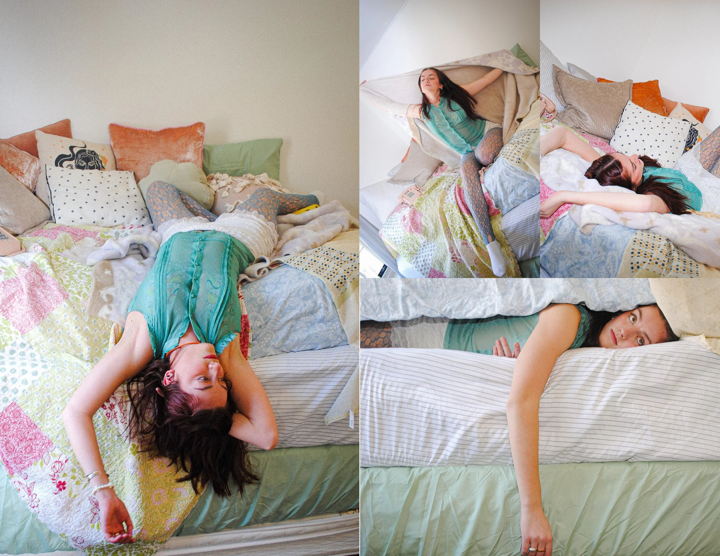 A collage of four images showing a young woman with long dark hair in various poses on a bed with colorful pillows and blankets.