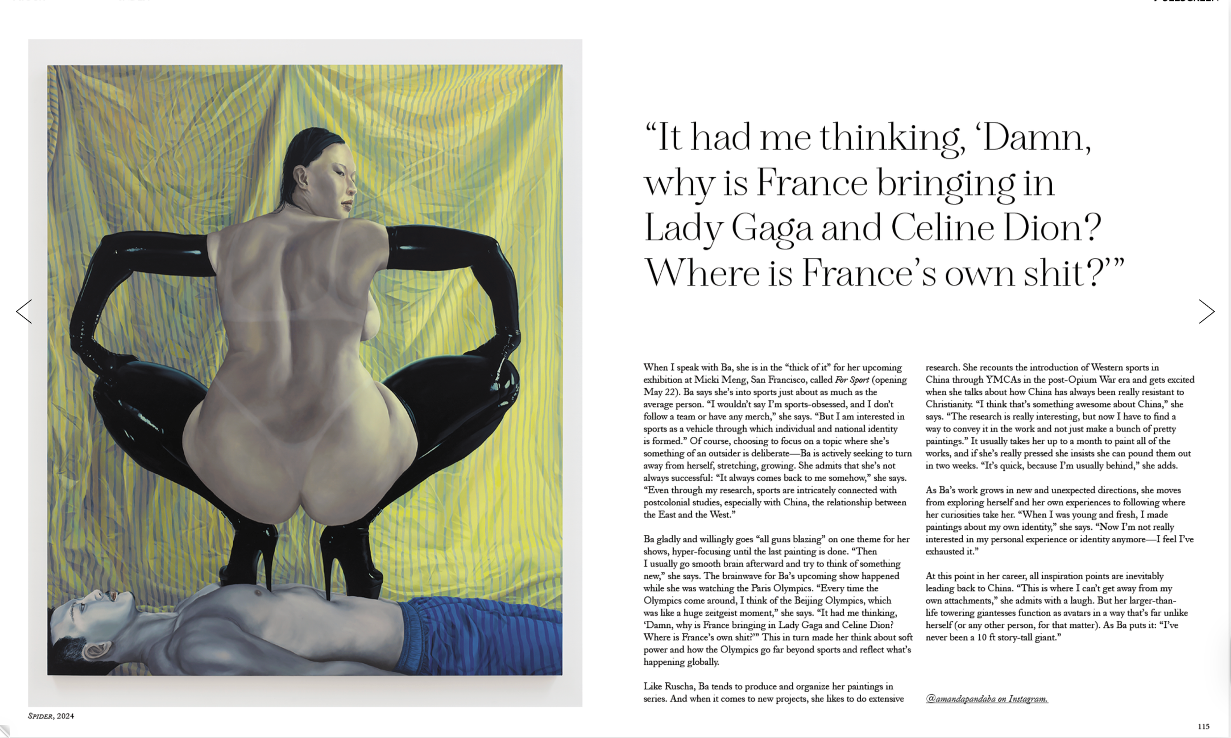 A painting of a woman with short black hair, wearing long black gloves, sitting on a person lying down, against a yellow, green, and gray striped background.