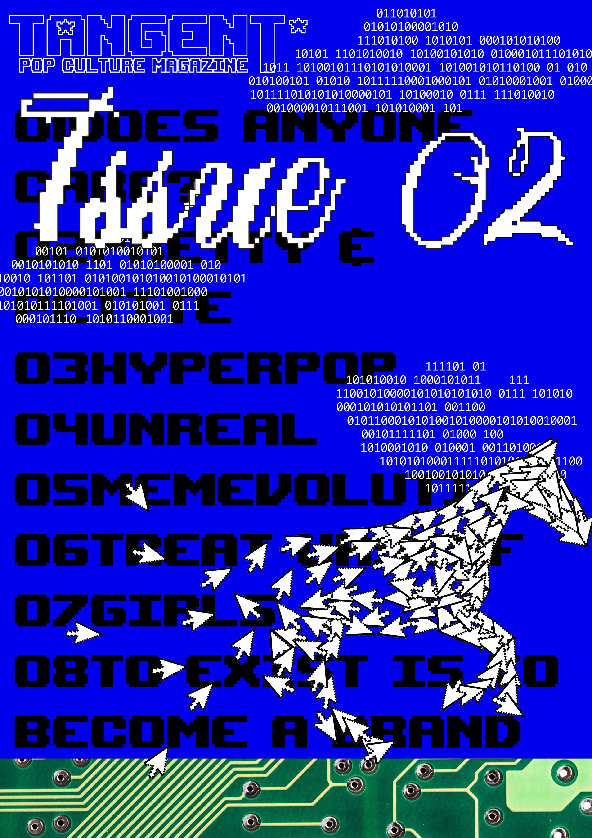 Digital collage with pixelated text, binary code, and cursors over a circuit board background, referencing issues related to technology and digital media.