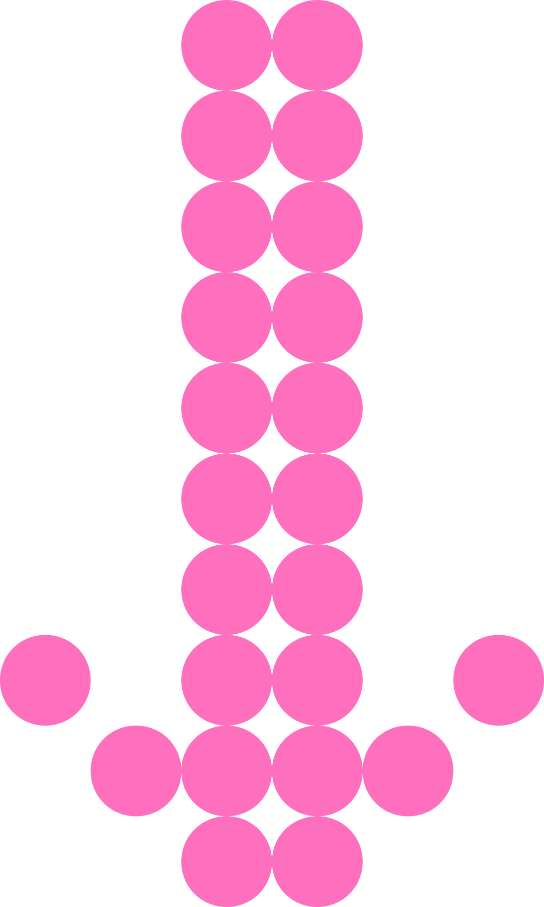 A digital representation of the game Tetris, showing a column of pink squares arranged vertically with a few pink squares below forming a horizontal line.