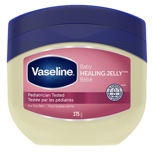 Vaseline Baby Healing Jelly in a pink and white container with a blue lid