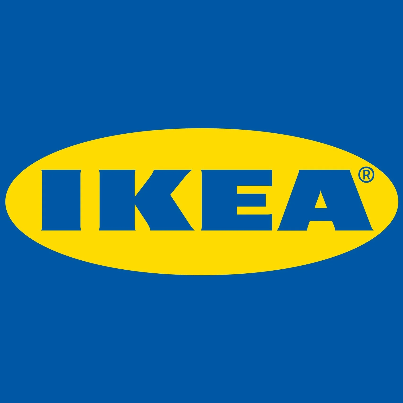 IKEA logo with yellow oval and blue background.