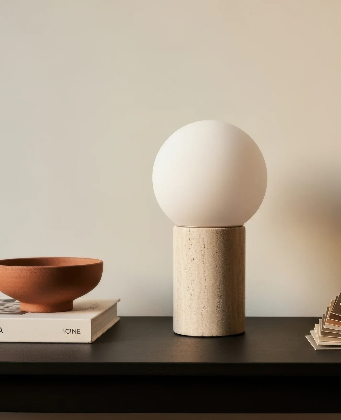 A white spherical object on top of a cylindrical wooden stand, with a terracotta bowl and a book labeled 'IDINE' on a white surface, and a color swatch book on the right.