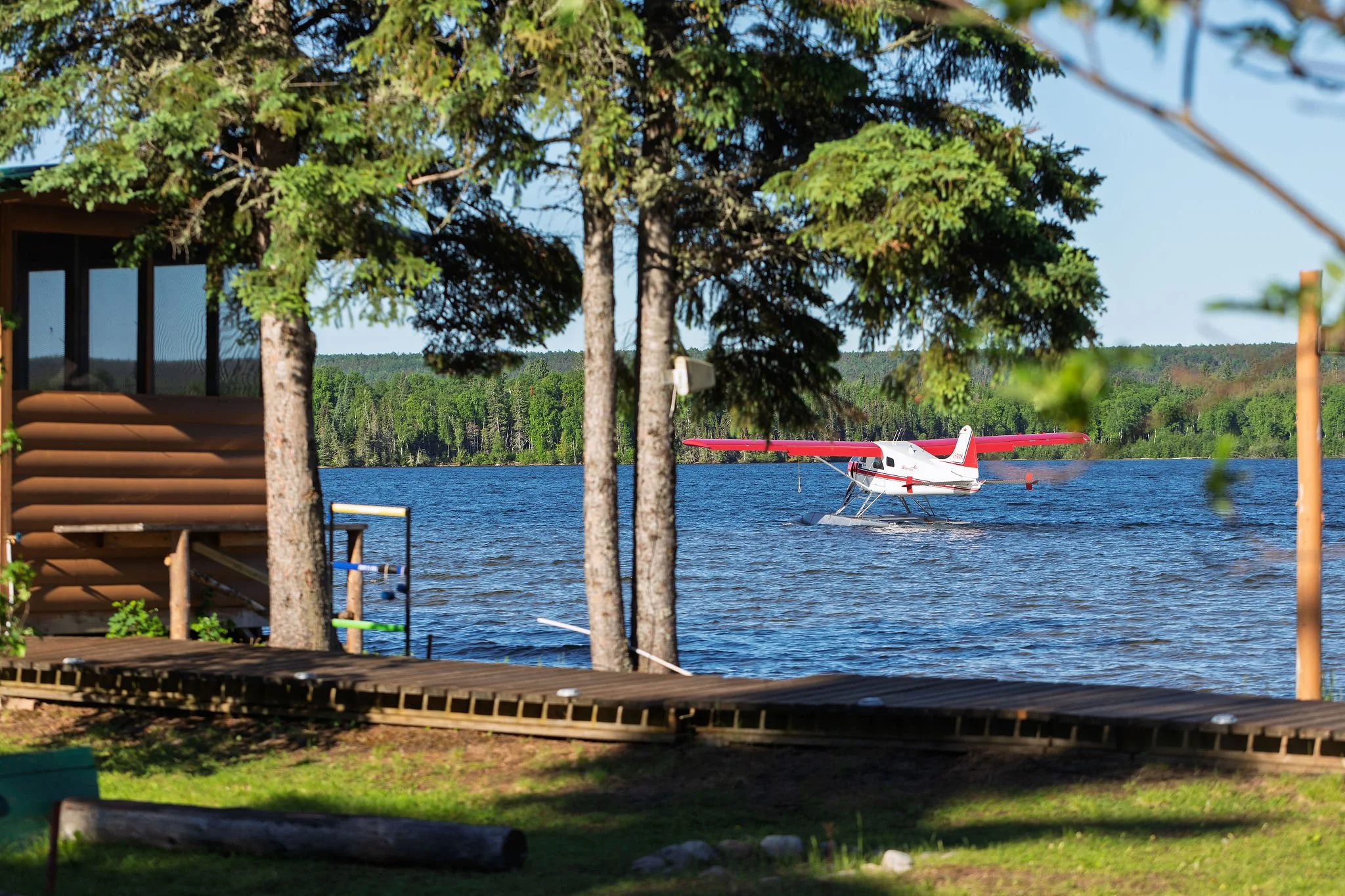 A seaplane with red and white coloring floating on a lake, framed by trees and a cabin in the foreground.
