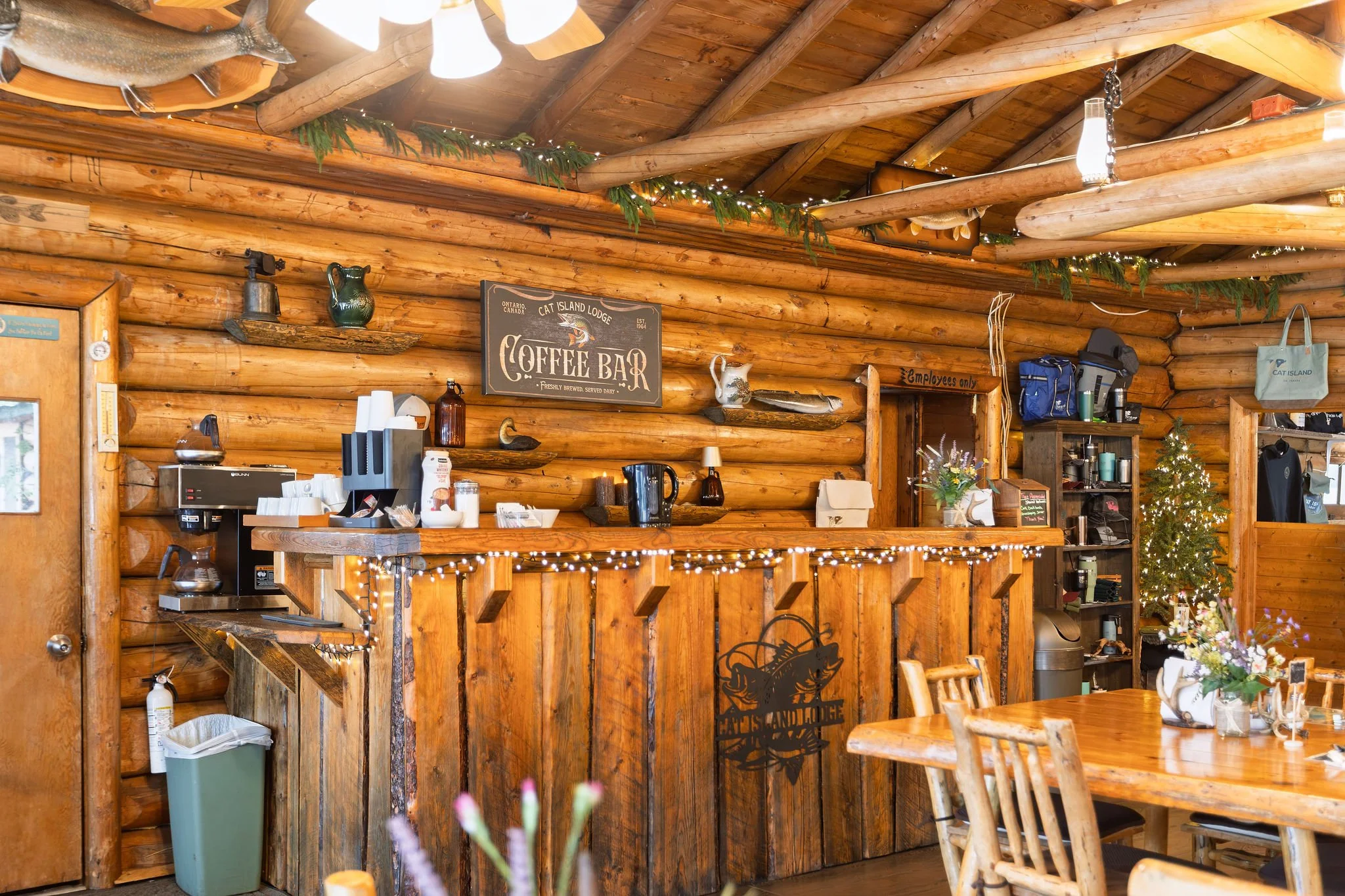 Interior of a rustic log cabin coffee bar with wooden beams, shelves with decorative items, and a counter with coffee equipment.