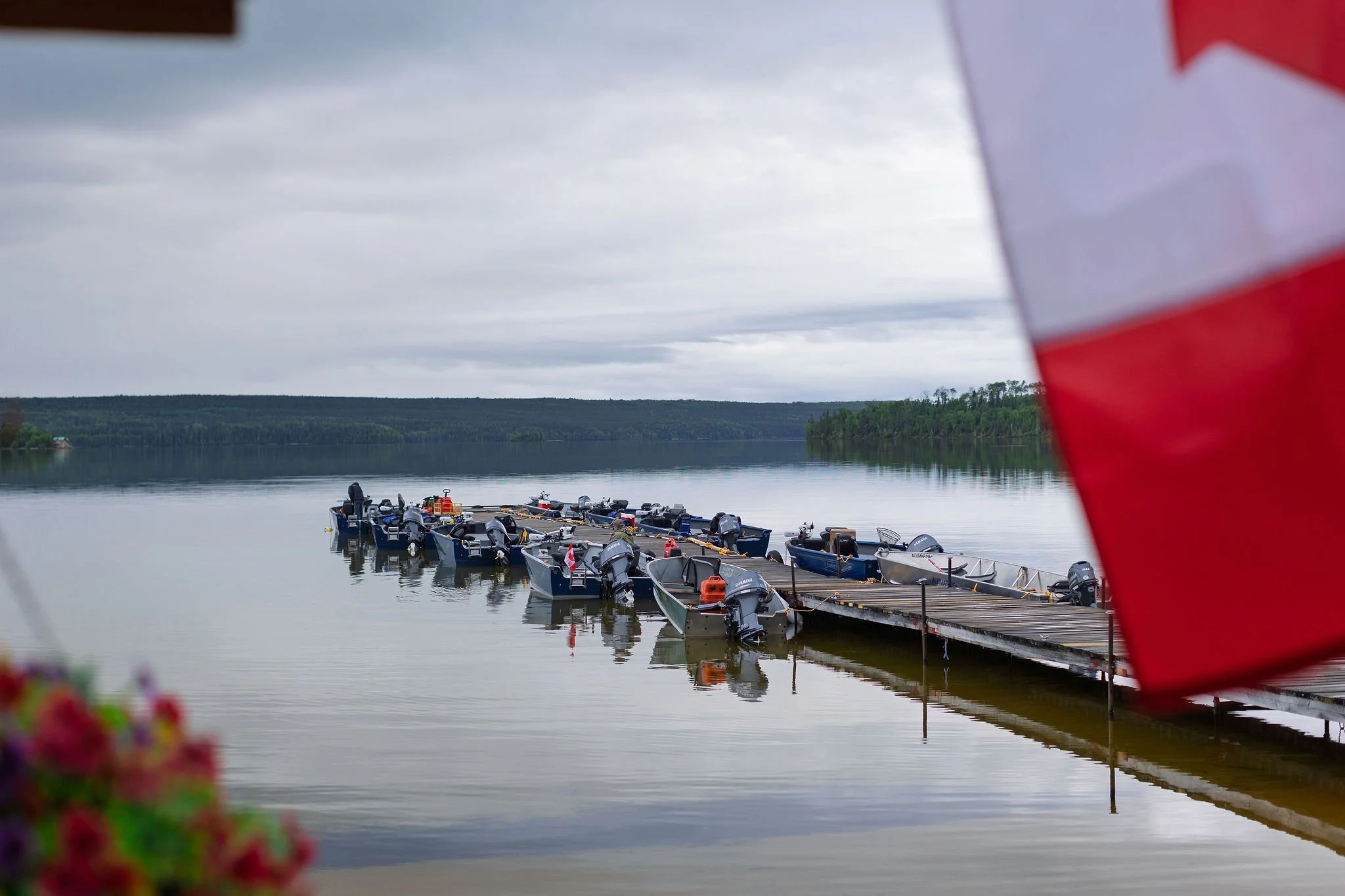 Many boats docked along a wooden pier on a calm lake, with a forested shoreline in the distance under a cloudy sky, partially obscured by a red and white flag or banner.