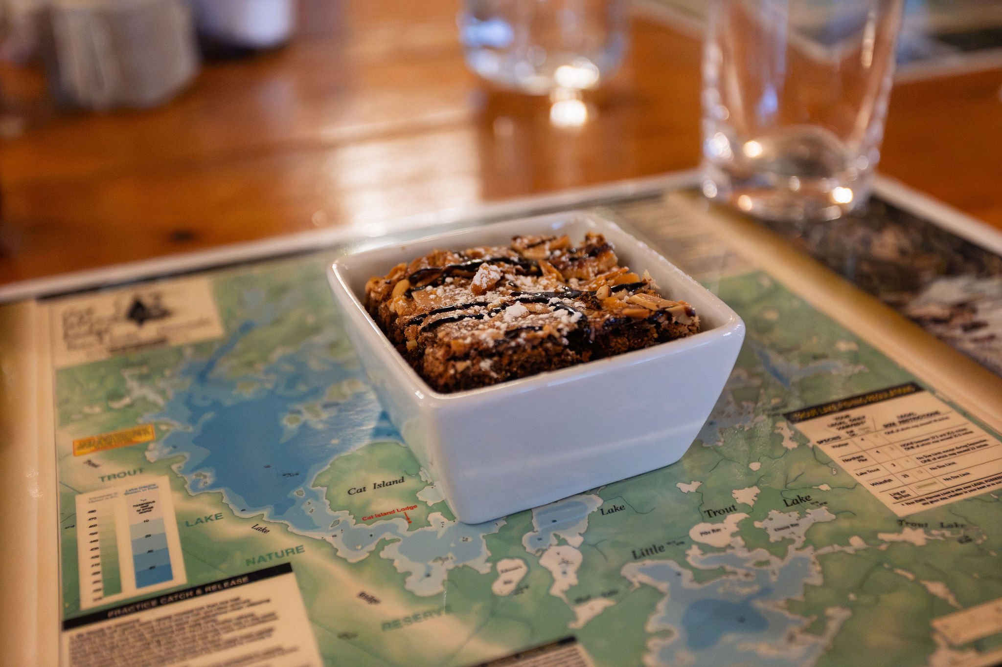 A small square white bowl filled with a layered dessert topped with chocolate drizzle, shredded almonds, and powdered sugar, placed on a colorful map of a lake area.