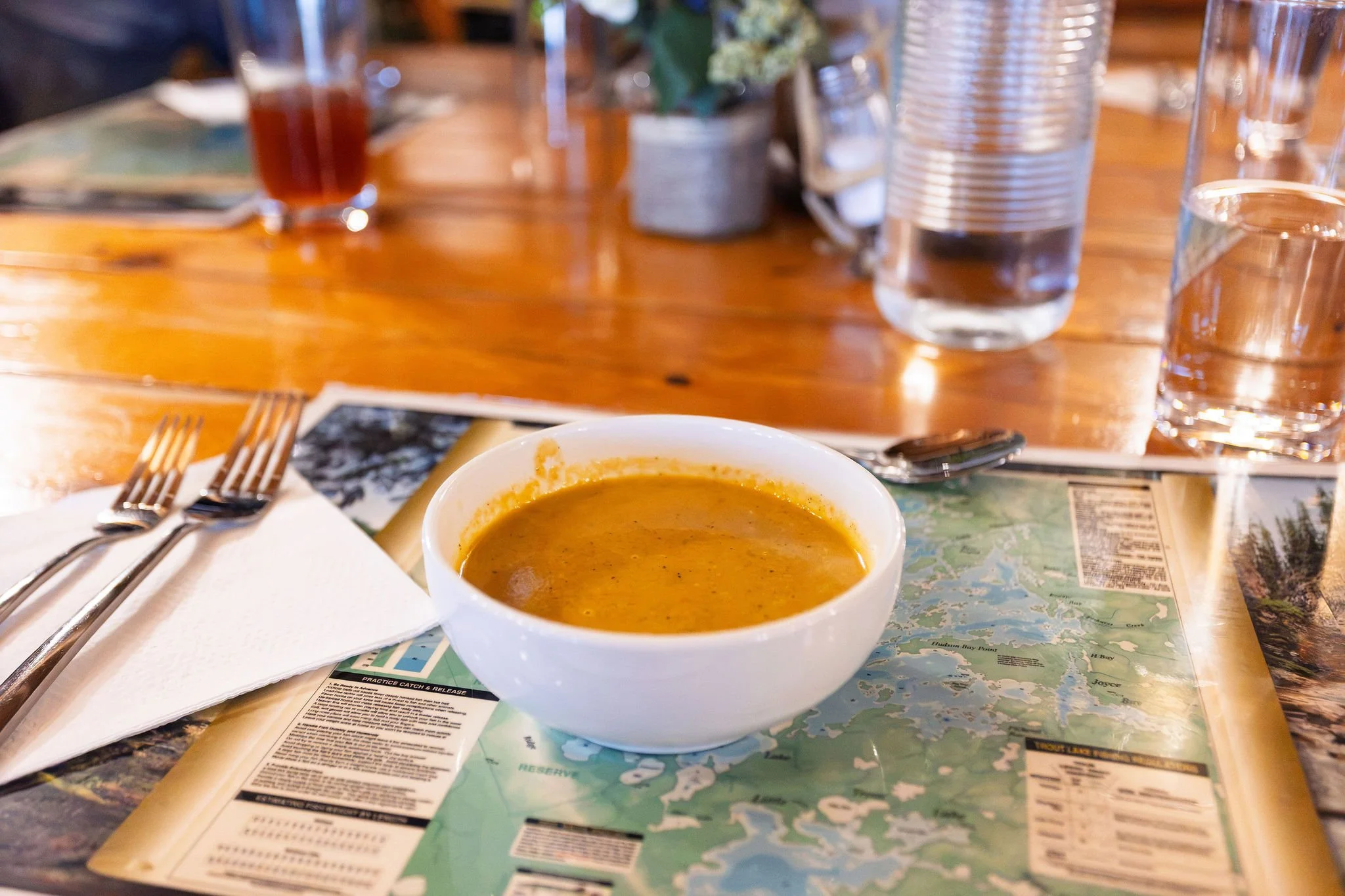 A bowl of orange-colored soup on a table with forks, glasses of water, and a glass of iced tea or juice, with trays, paper menus, and decorative plants in the background.