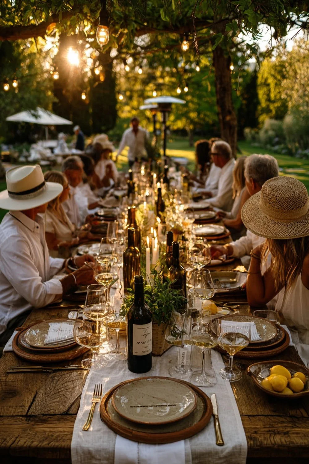 People dining outdoors at a long table decorated with candles, wine bottles, and flowers, during sunset in a lush garden with string lights hanging from trees.