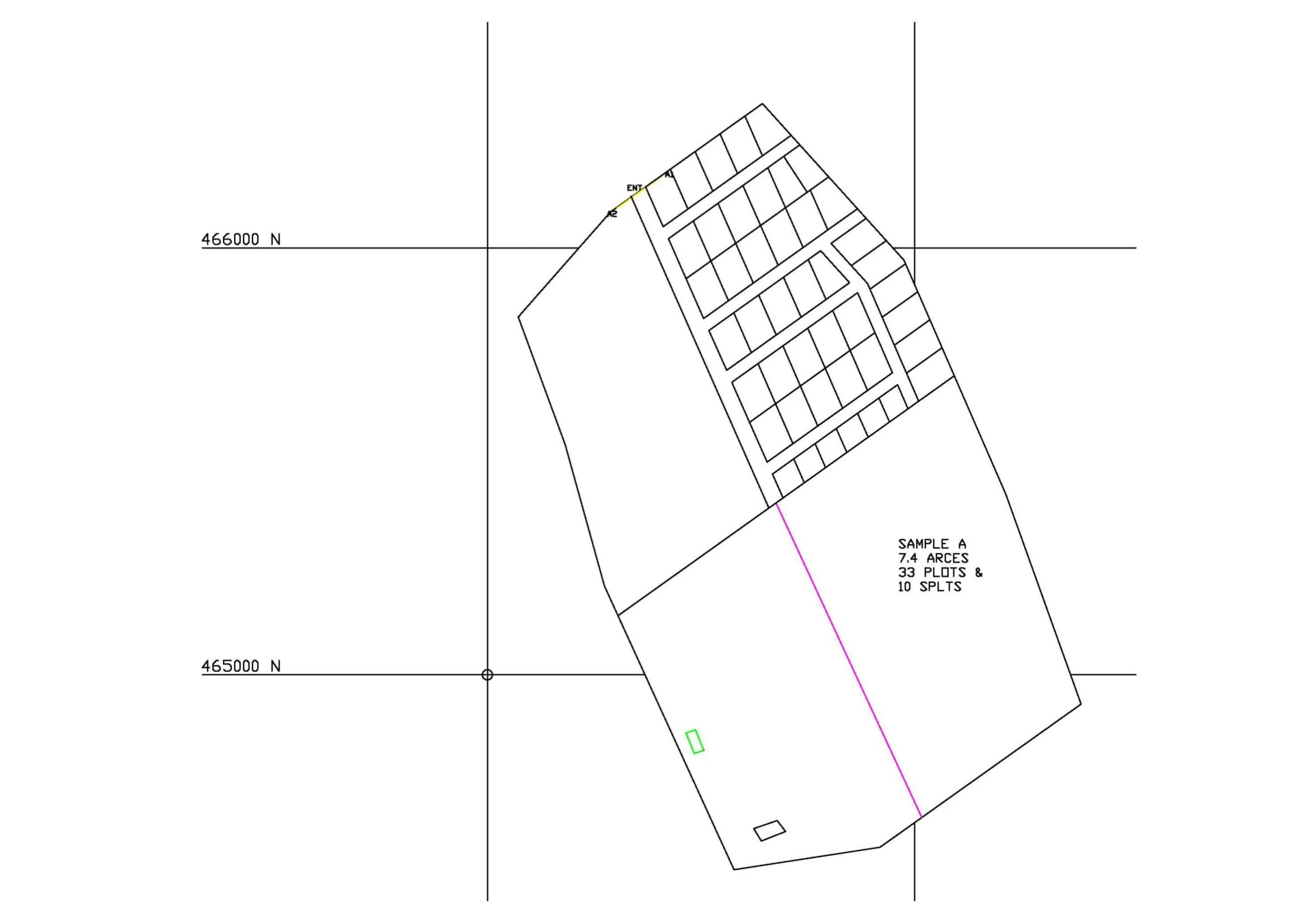 Site plan map showing lot divisions, with a section labeled 'OPTION 1' and coordinates 465000 N to 466000 N. The map includes a sample area of 7.4 acres with 33 plots and 10 splits, and features the Hanex Weks Limited logo.