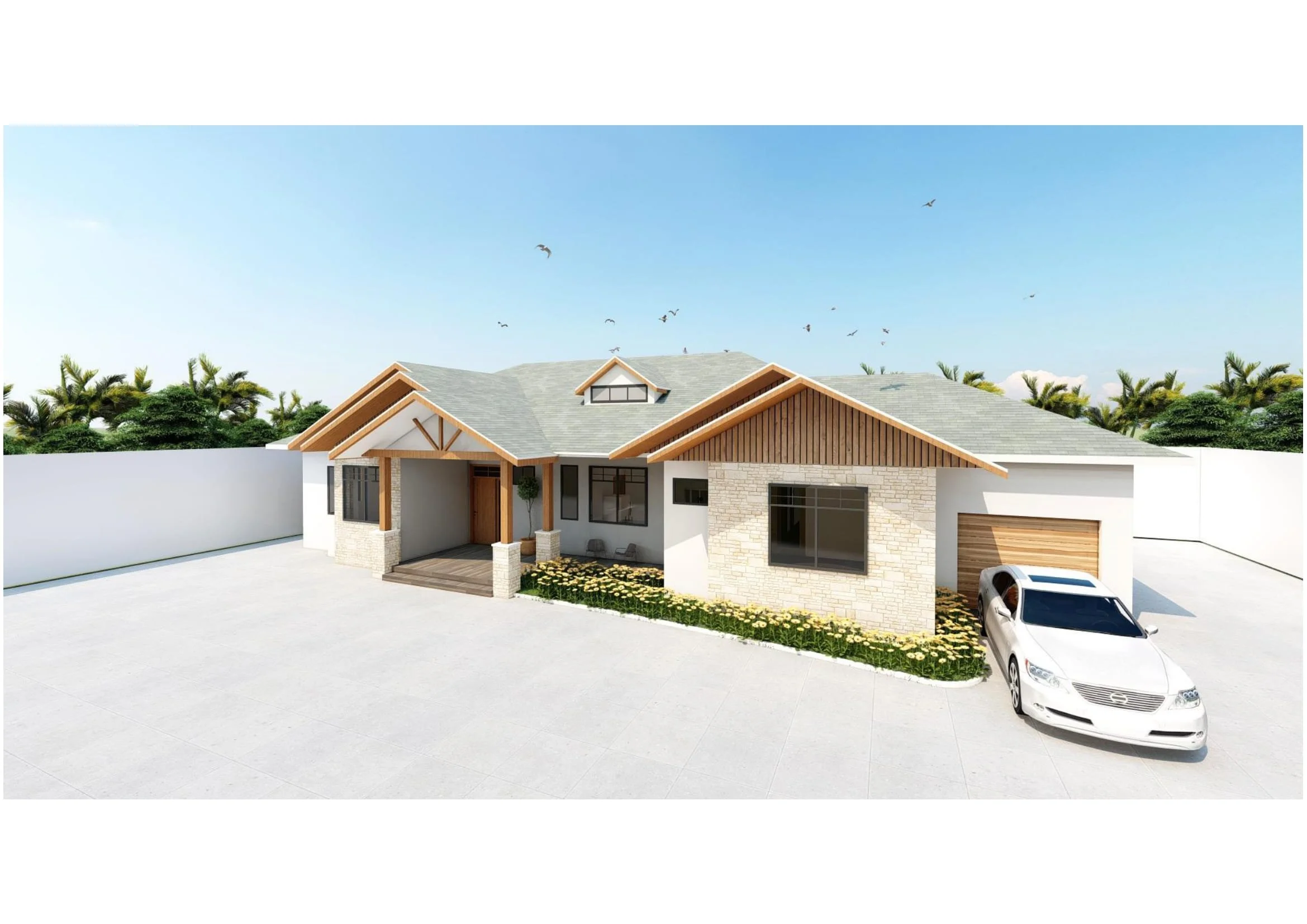 Architectural design rendering of a proposed three-bedroom house with modern style, stone accents, wooden roof details, a front porch, and a parking space with a white car, set in a landscaped yard with flowers, under a clear blue sky.