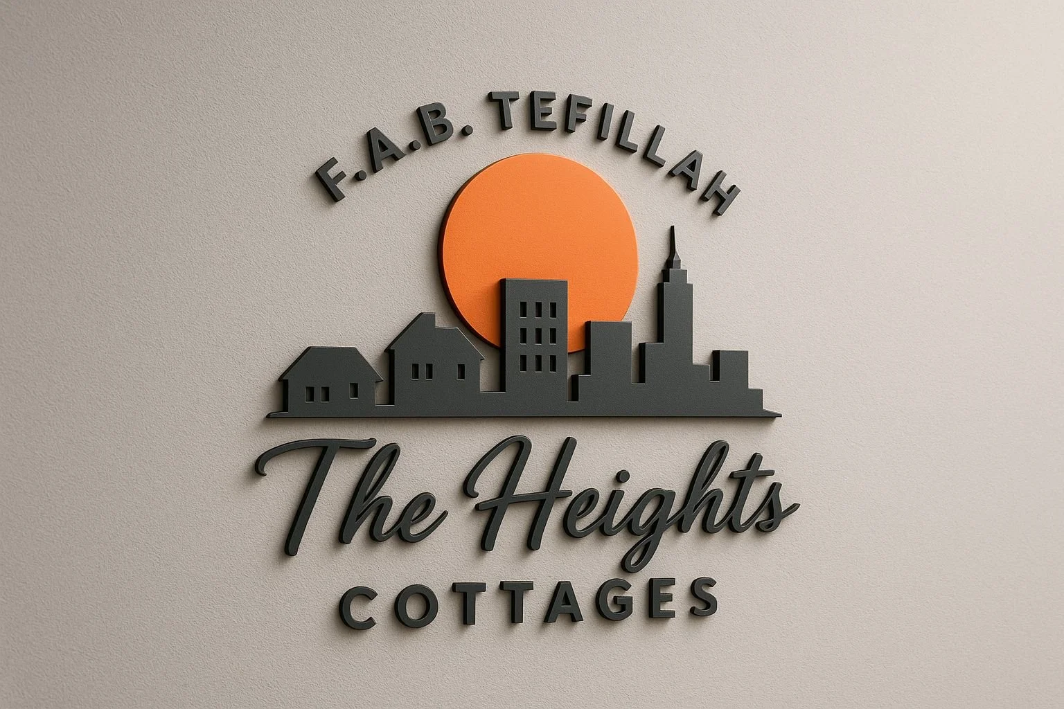 Wall logo for 'The Heights Cottages' featuring stylized black buildings and an orange sun with the text 'F.A.B. Tefillah' above.