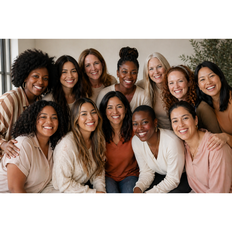 A diverse group of women with different ethnicities and hair types smiling together indoors.