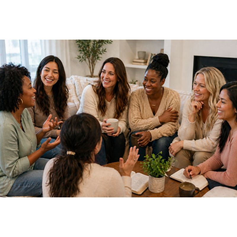 Six women sitting on a couch having a lively conversation indoors, with a coffee table, potted plant, and fireplace visible in the background.