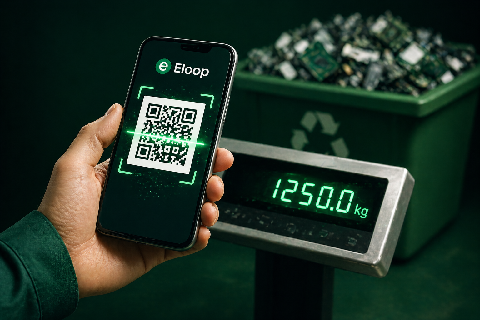 Texto "Modelo de Negócios" com ícones. Descrições: 1) Parcerias com cooperativas e lojas; 2) Distribuição baseada em tipo de REE; 3) Moeda aceita como crédito ambiental; 4) Transações via exchanges. Logo da Eloop presente.