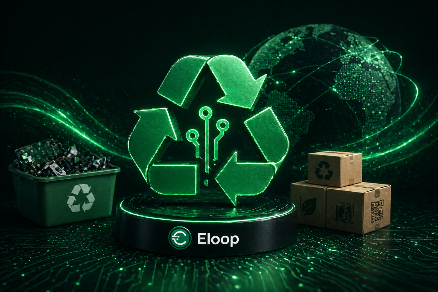 Ilustração mostrando o mercado global de resíduos eletrônicos em crescimento, destacando-se o nome 'Eloop'. Inclui ícones de dispositivos e símbolos de bateria, bandeiras do Brasil e Canadá como mercados-alvo, demanda por metais raros e tendência de políticas ESG.