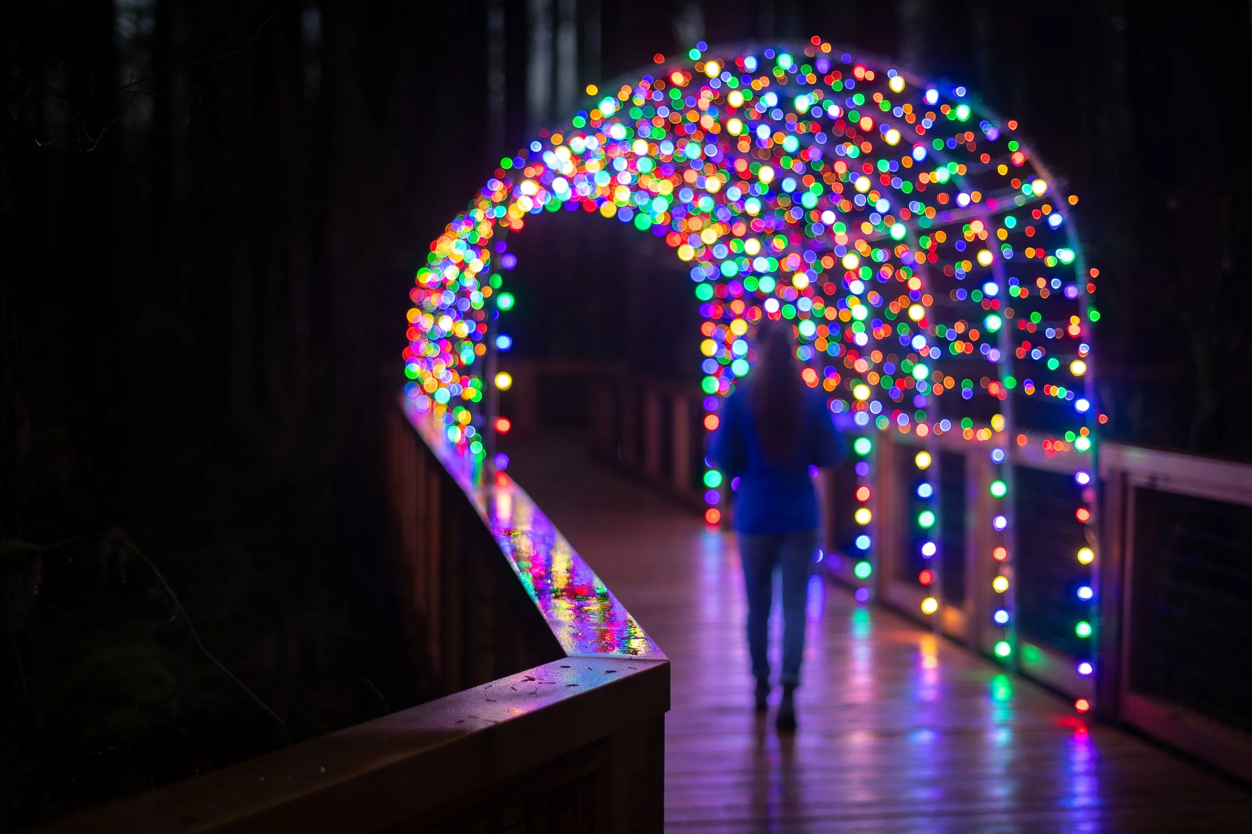 Visitor walking through a light tunnel along the boardwalk in Squamish Canyon.