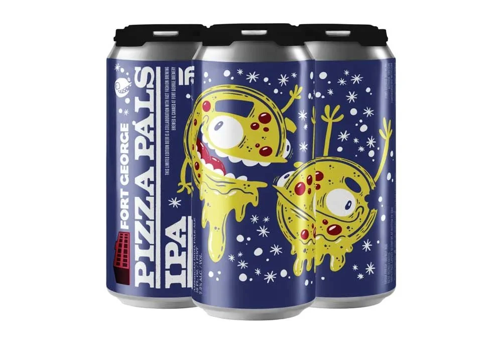 Four-pack of Fort George Pizza Pals IPA beer cans with playful pizza slice illustrations on blue background.
