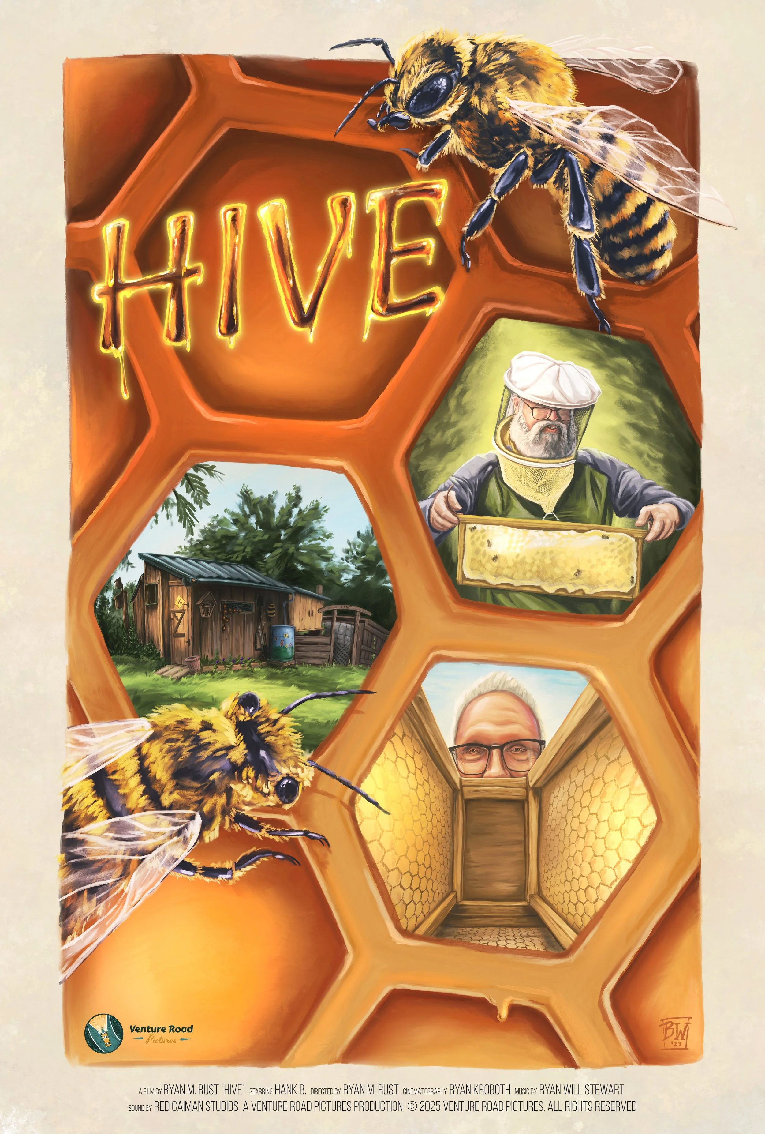A poster for the film 'Hive' featuring bees, a beekeeper, and beekeeping scenes.