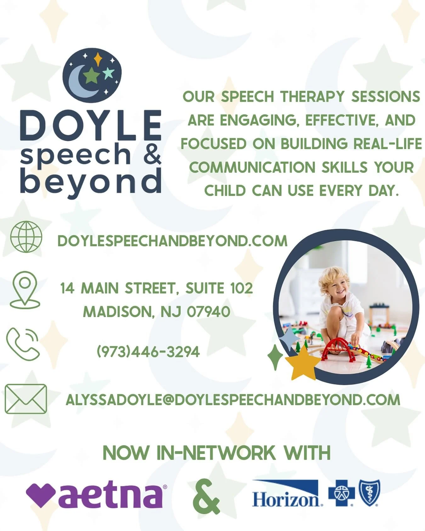 At Doyle Speech &amp; Beyond, our sessions are playful, engaging, and focused on building communication skills your child can use every day. 🌟

📍 Madison, NJ
💜 In-network with Aetna &amp; Horizon BCBS
✨ No wait list &ndash; start services right aw