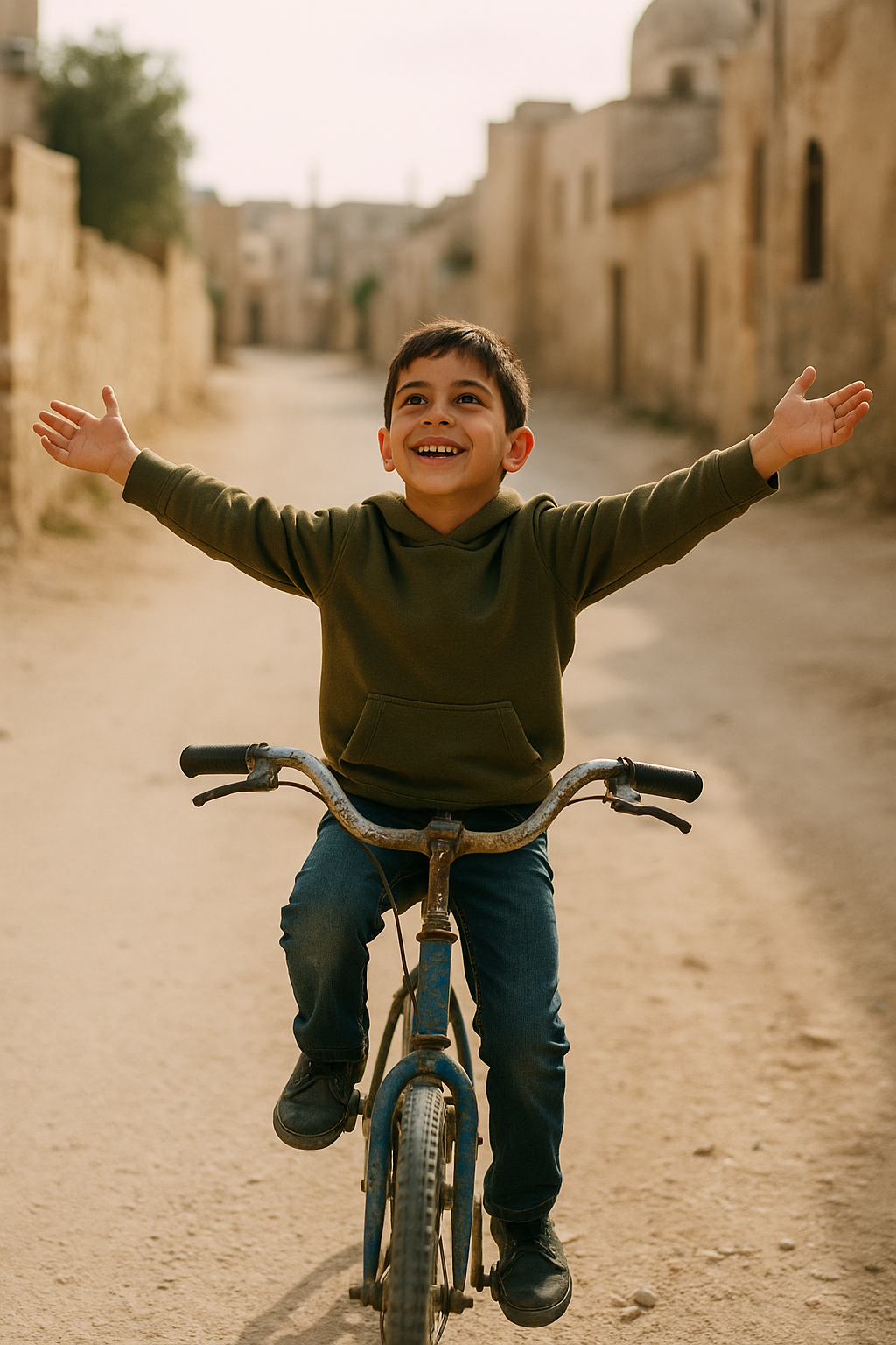 Happy boy riding a bike with arms raised in a dirt street with old buildings.