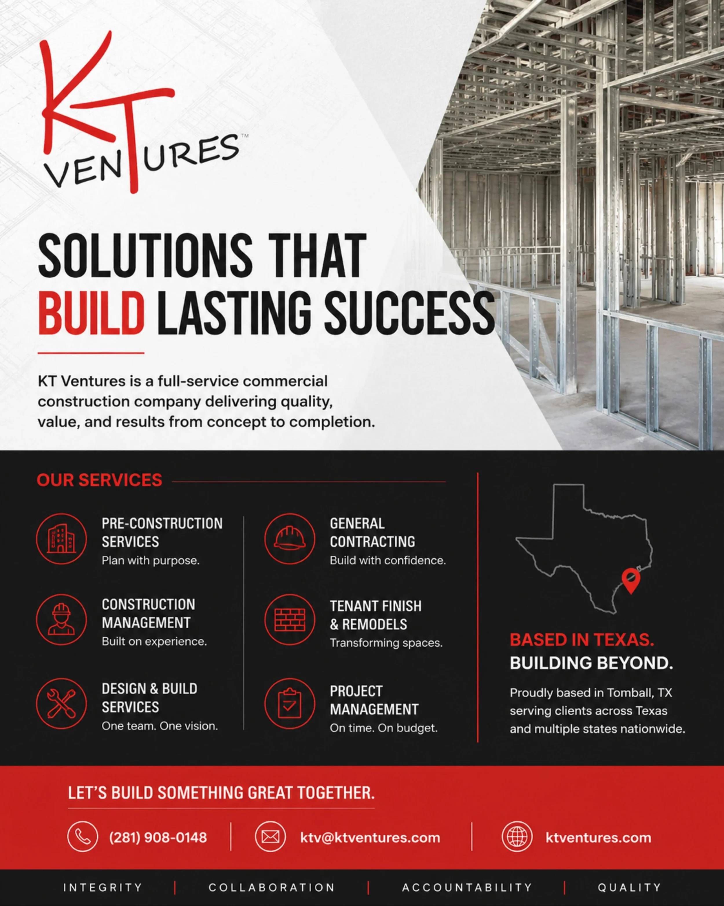 Ready to start a project?

Big ideas deserve the right foundation. Whether you have a detailed plan or just the beginning of a concept, KT Ventures is ready to help bring your vision to life with strategic planning, experienced leadership, and qualit