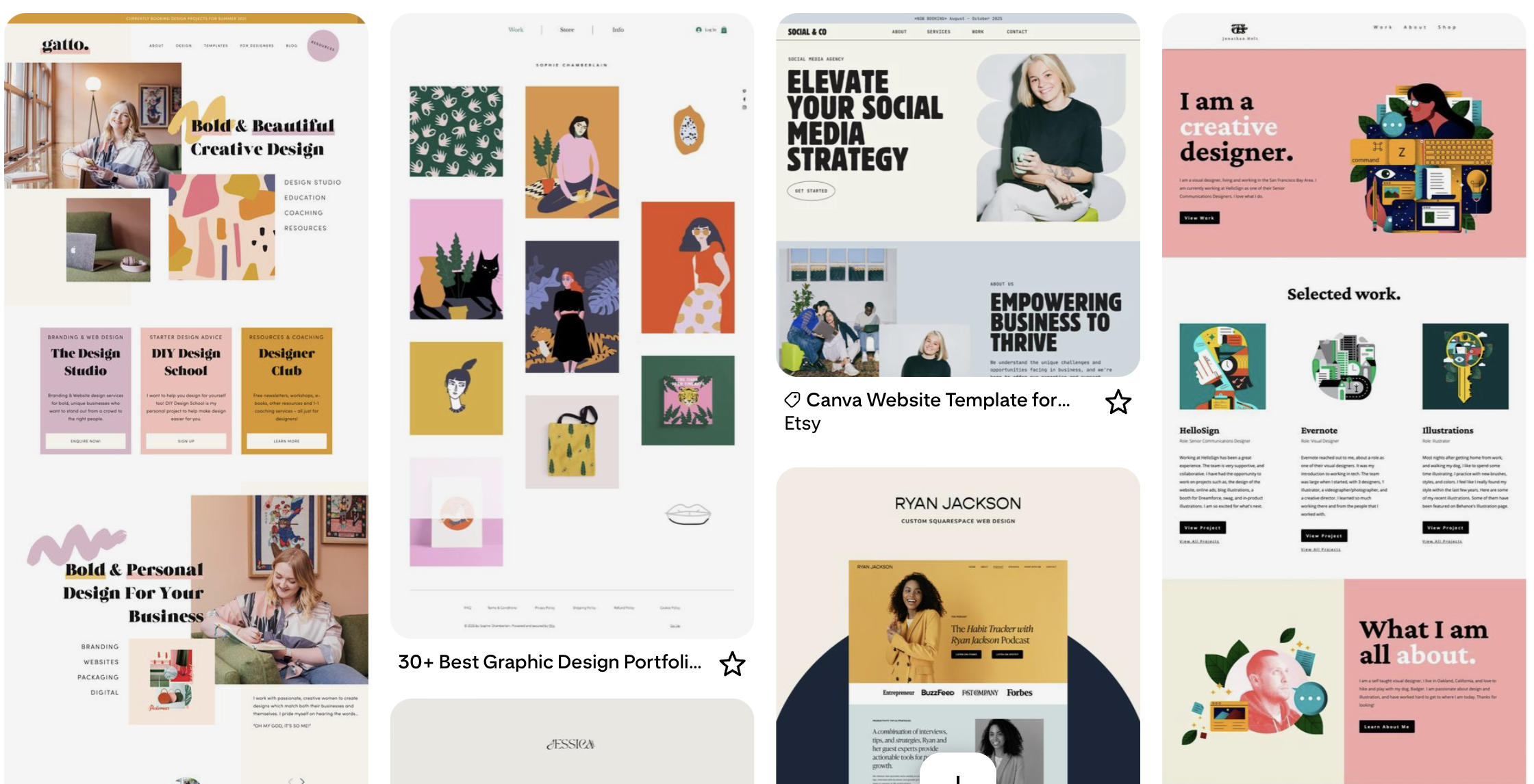 Collage of website templates showcasing graphic design, social media strategy, creative design, and personal branding projects with colorful illustrations and text.
