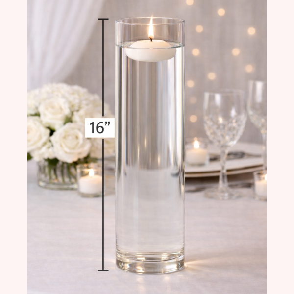Clear cylinder vase with floating candle (16")