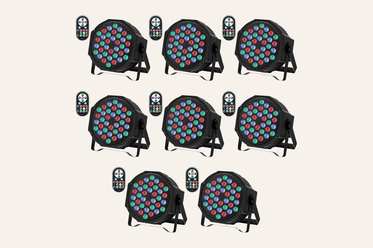 Set of seven LED stage lights with remotes, featuring colorful bulbs arranged in circular patterns.