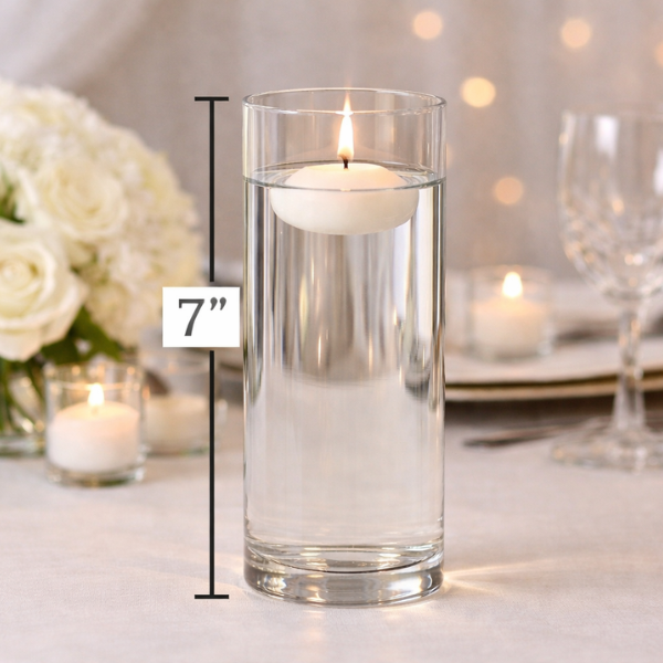 Clear cylinder vase with floating candle (7")