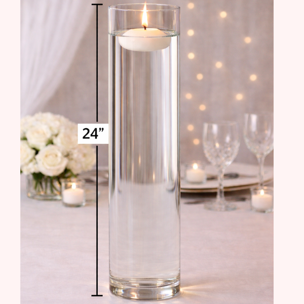 Clear cylinder vase with floating candle (24")