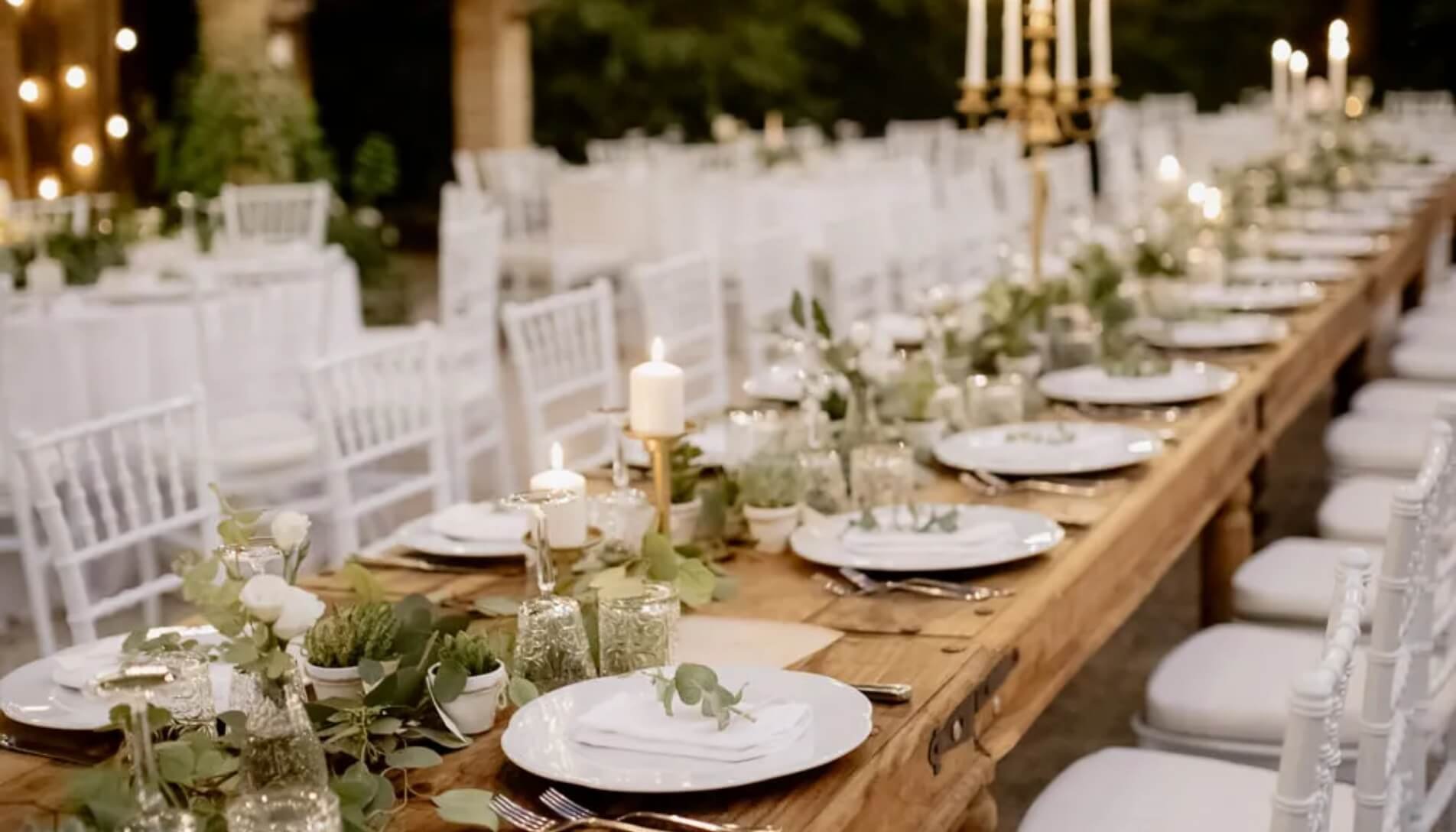 Elegant outdoor dining setup with long wooden tables, white chairs, plates, glasses, candles, and greenery as centerpieces.