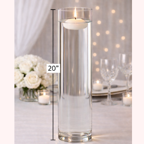 Clear cylinder vase with floating candle (20")