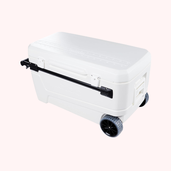 White Igloo MaxCold cooler with wheels and a telescoping handle.