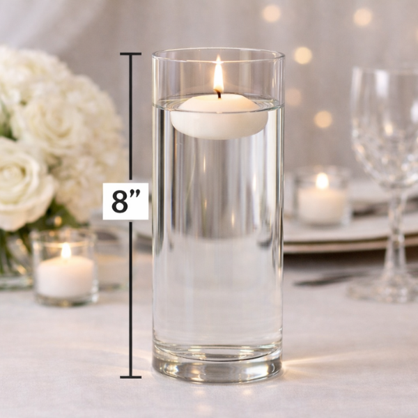 Clear cylinder vase with floating candle (8")