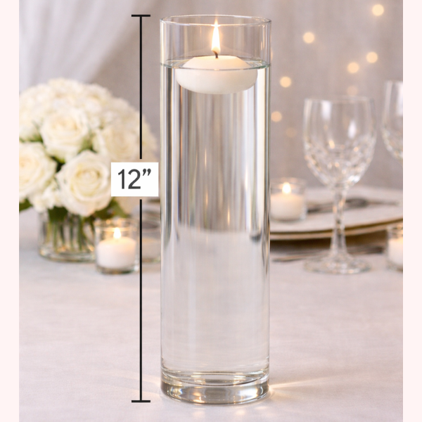 Clear cylinder vase with floating candle (12")