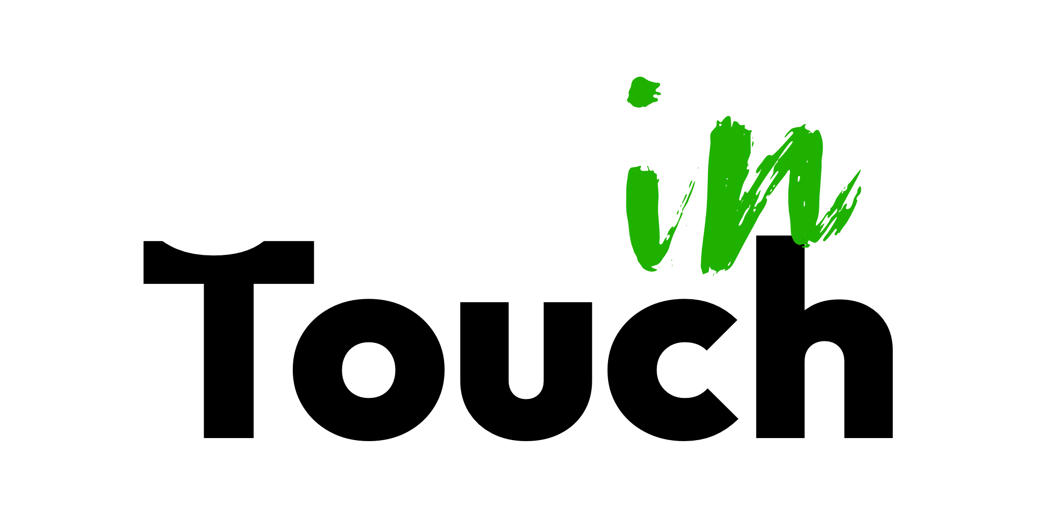 Text design with the words "Stay in touch" with "Stay" in white bold font and "in" in green, stylized as brush stroke, and "touch" in black bold font.