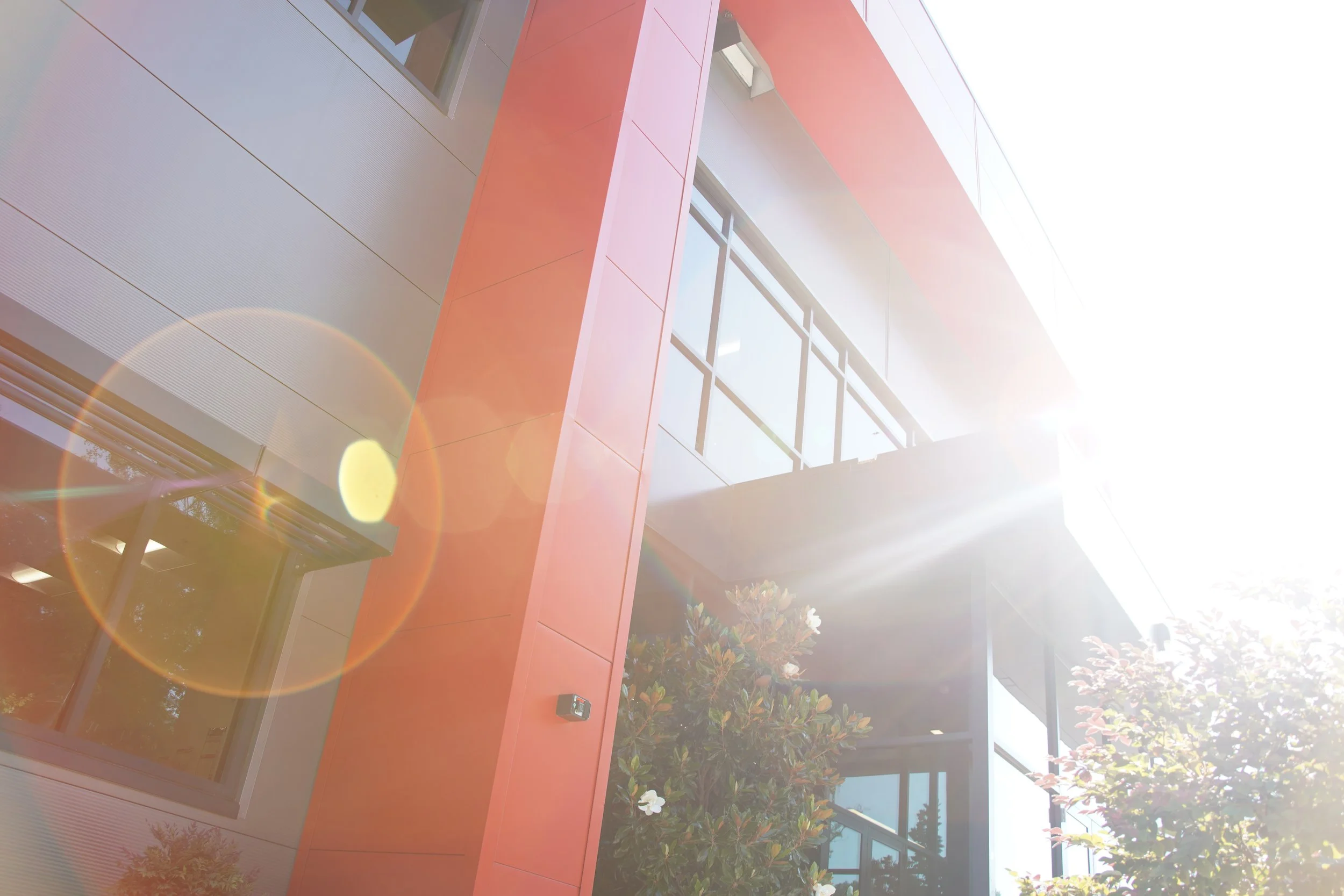 Modern building exterior with large glass windows, orange wall panels, and surrounding greenery, bathed in sunlight with lens flare.