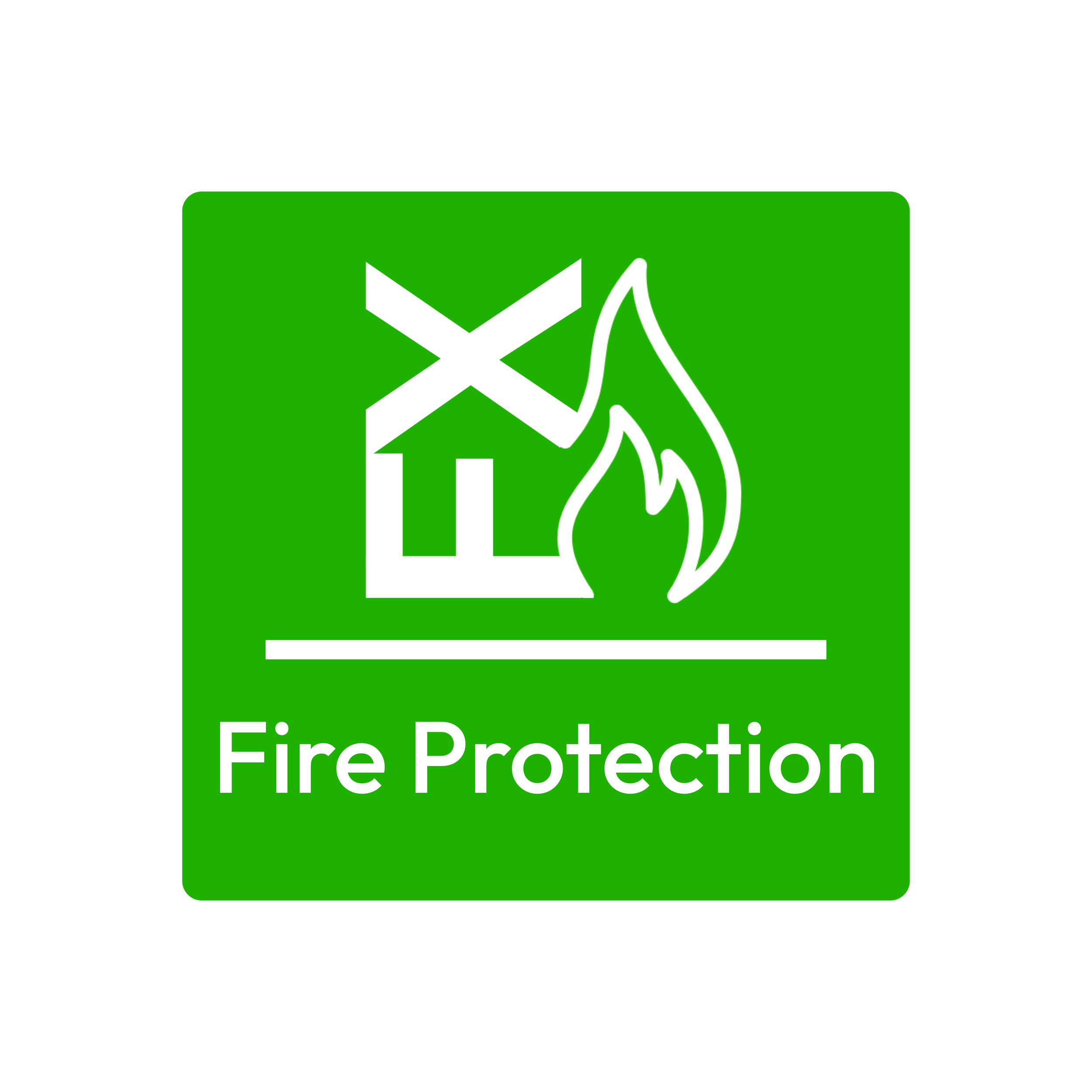 Green fire protection sign with a white house icon, a white flame, and a white downward arrow.