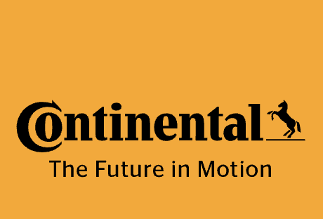 Continental logo with a black horse silhouette, orange background, and the slogan 'The Future in Motion'