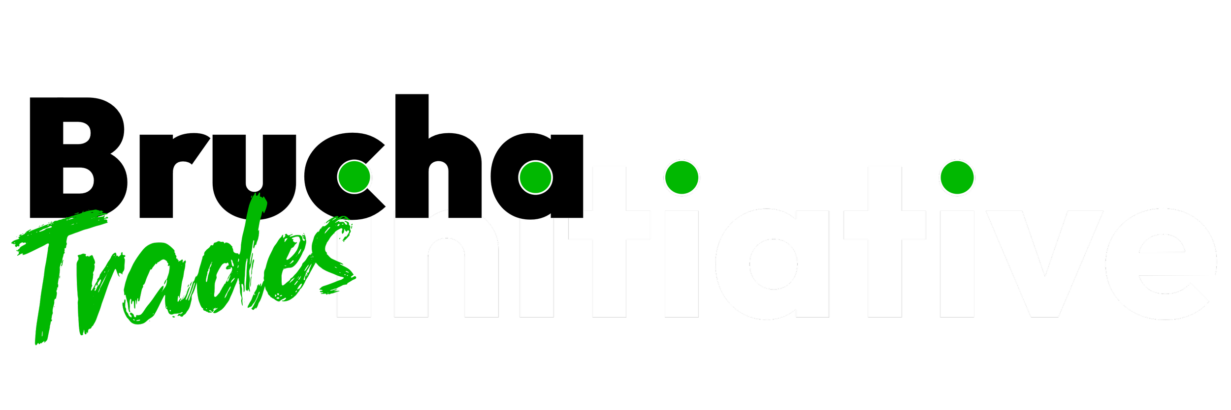 Text reads 'Trades Initiative' with 'Trades' in green handwritten script and 'Initiative' in white bold font, with four green dots above 'Initiative'.