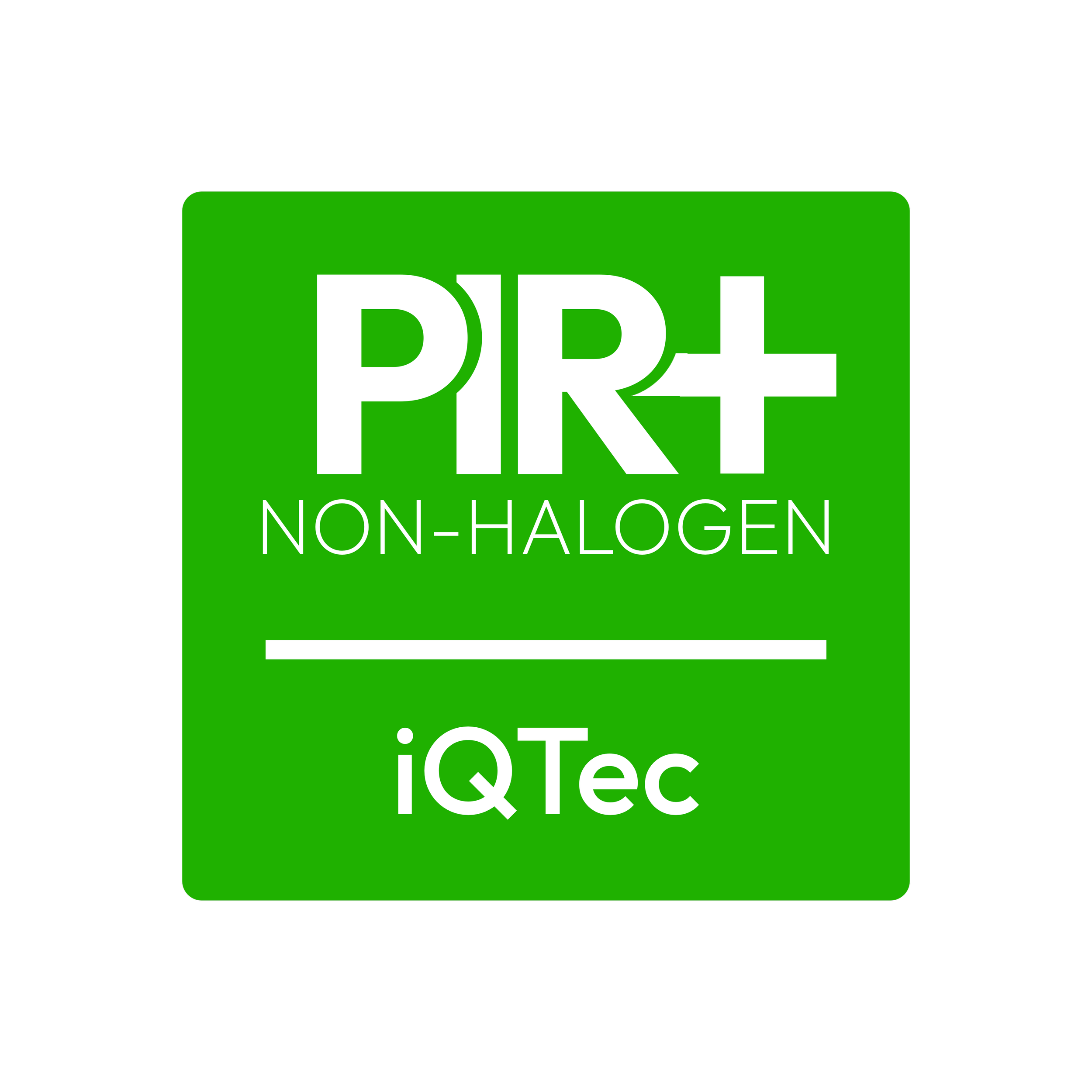 Green label with white text that says 'PR' and 'NON-Halogens' in smaller letters, with an iQtec logo and a small white dot.
