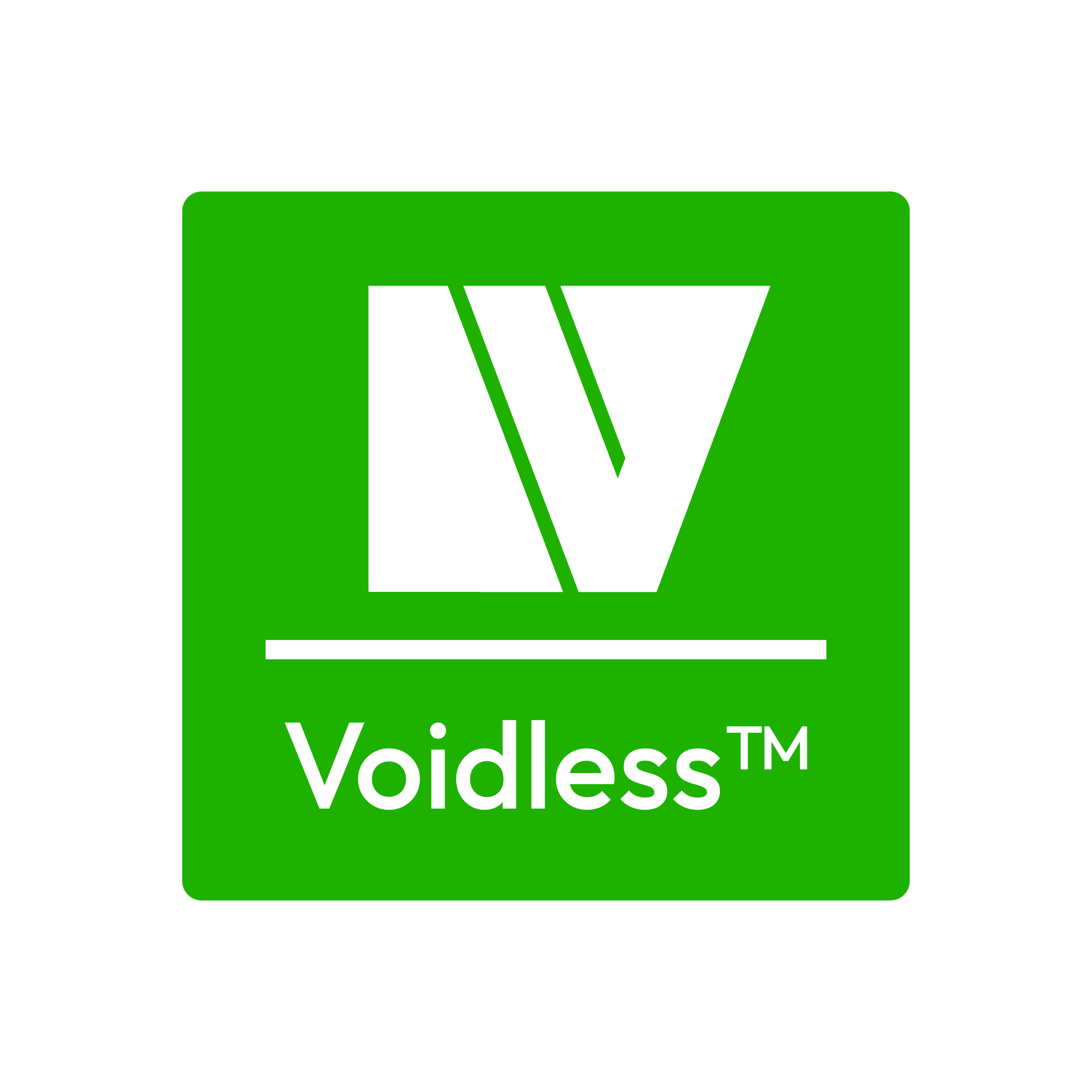 Green and black logo with the words "Voidless" in white and a stylized V shape above.