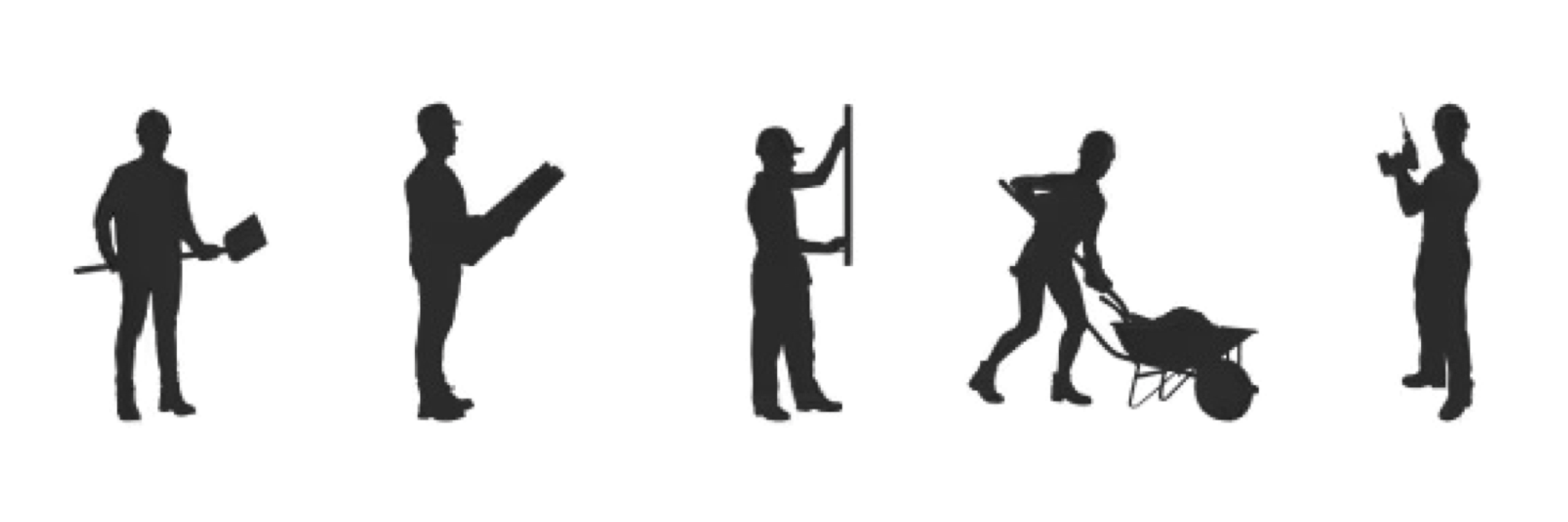 Silhouettes of six people in different work and leisure activities, including holding a briefcase, reading a paper, painting on a wall, pushing a stroller, holding a clipboard, and holding a camera.