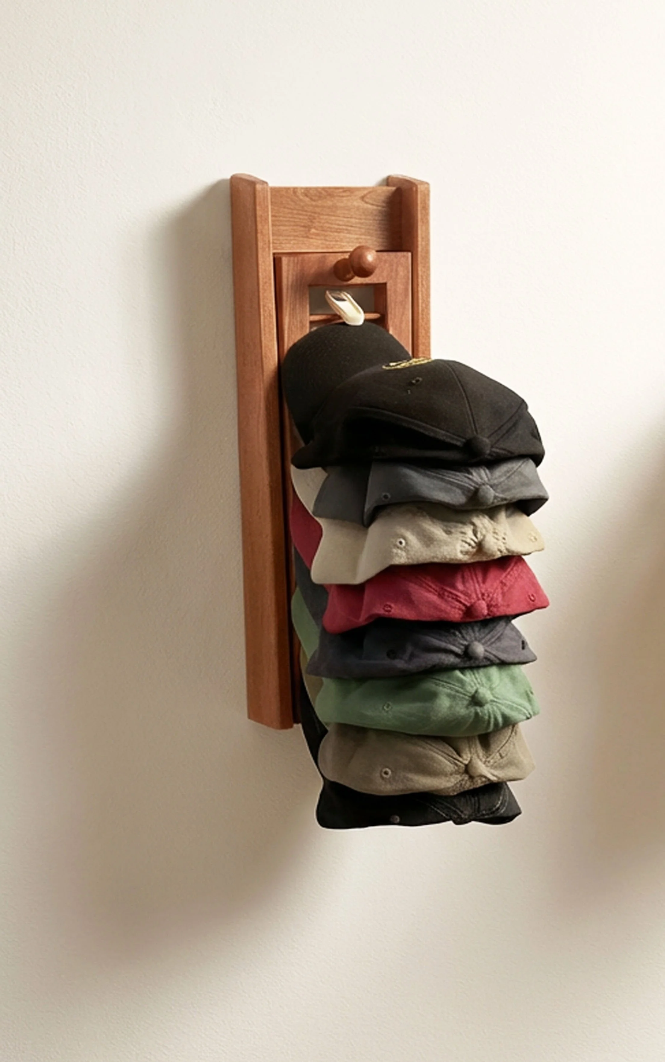 A wooden wall-mounted hat organizer holding several stacked baseball caps of various colors, including black, gray, beige, red, and green.