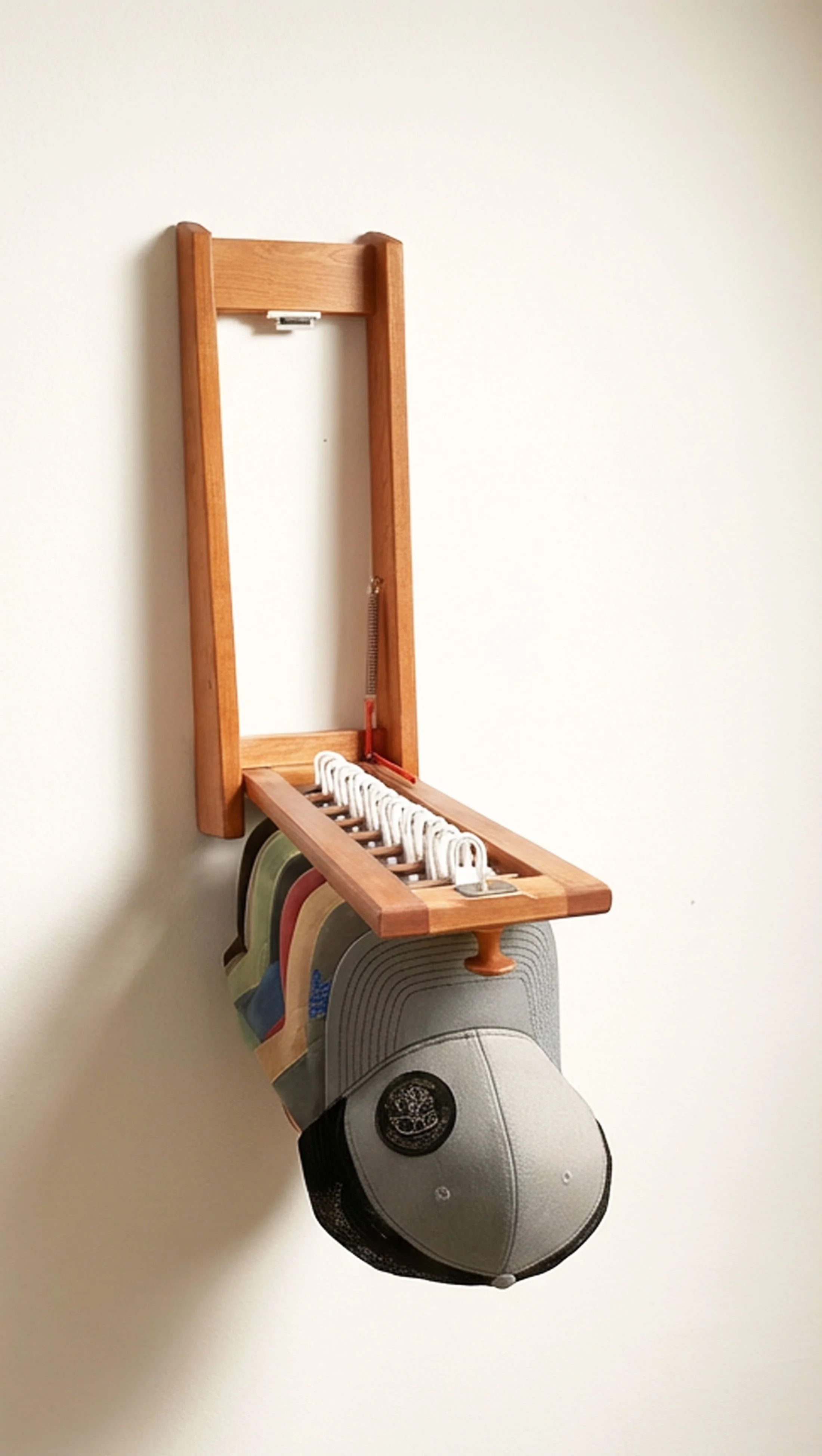 Wall-mounted hat rack with hooks holding baseball caps.