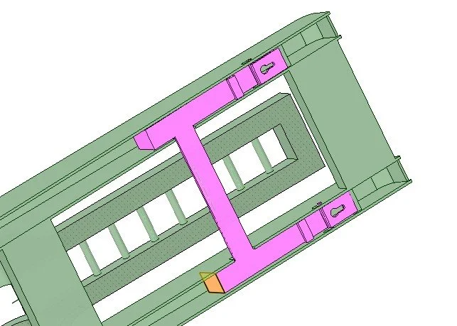 Colored technical diagram of a mechanical or electronic device showing various internal components and pathways in green, purple, and orange.
