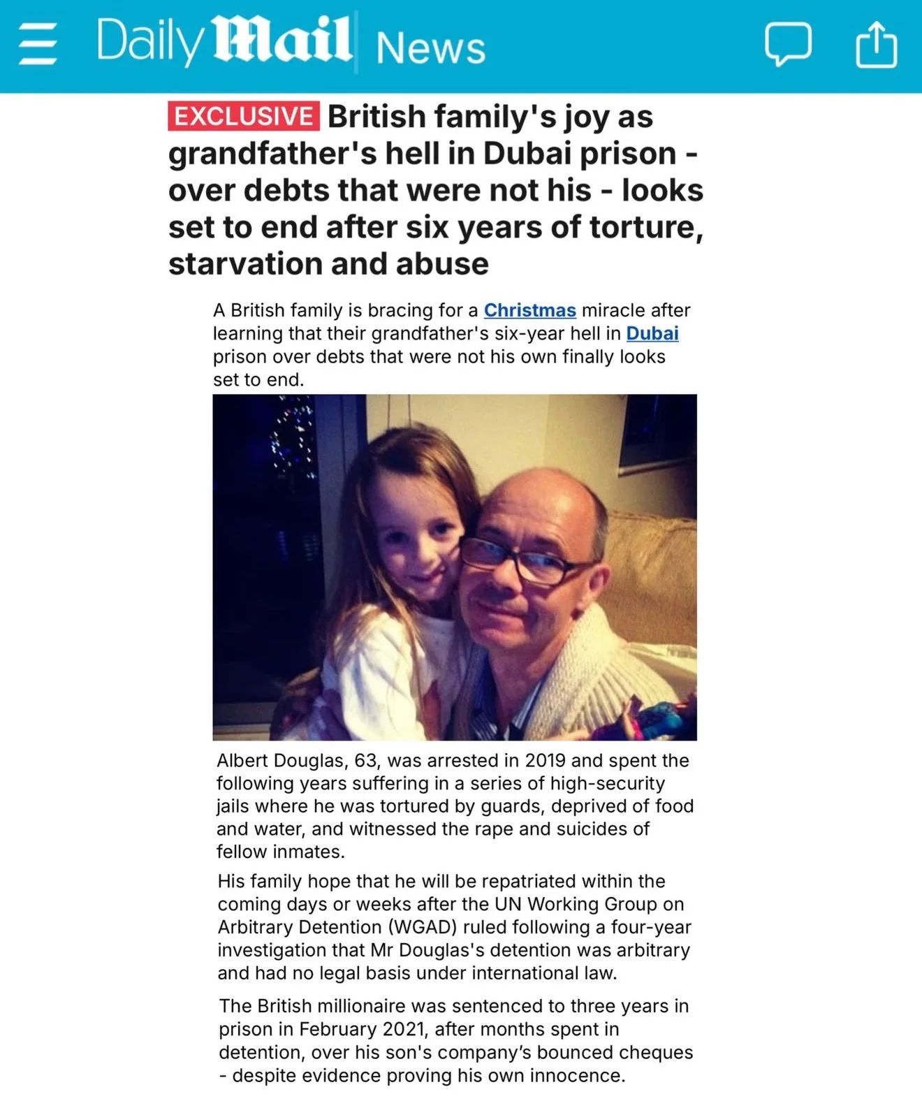 Daily Mail - Albert Douglas faces potential release from Dubai prison