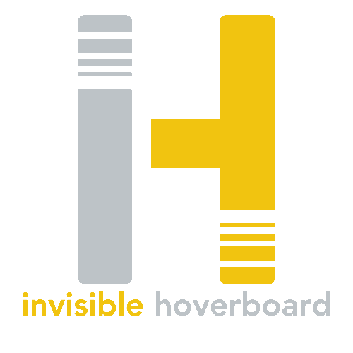 A graphic illustration of two highlighter pens, one gray and one yellow, with text underneath that reads 'invisible hoverboard'.