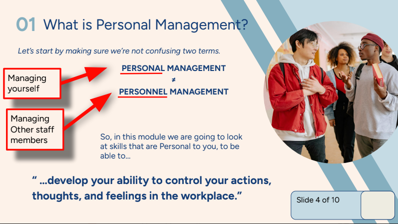 Slide about personal management with a photo of diverse young adults having a conversation. The slide contains text explaining the difference between personal management and personnel management.
